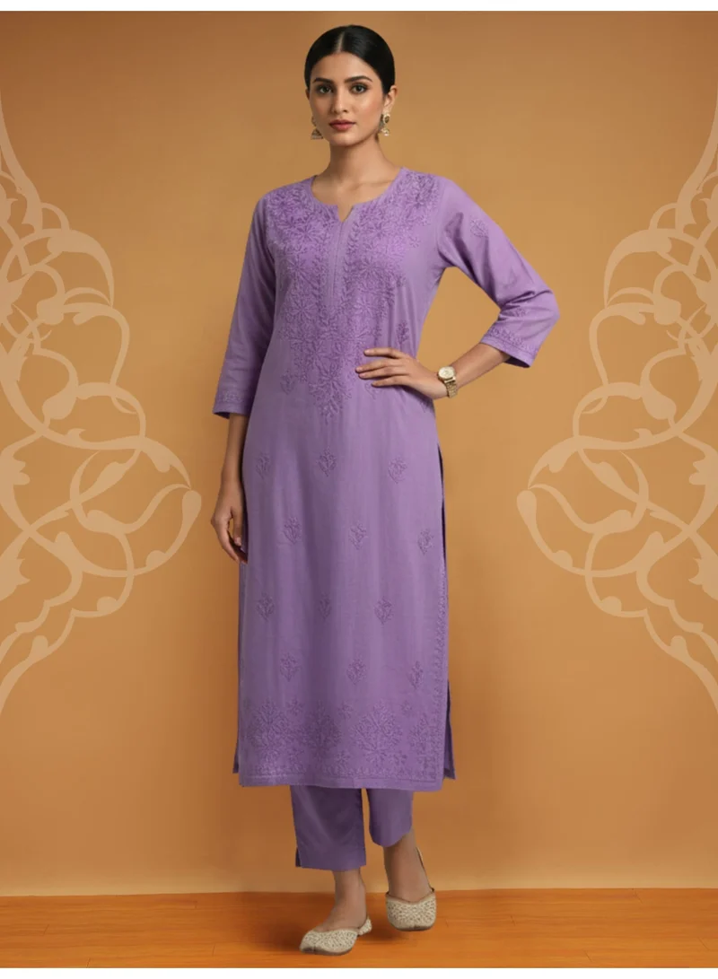 Alaya Women Hand Embroidered Chikankari Muslin Kurta Set-AL4104KS